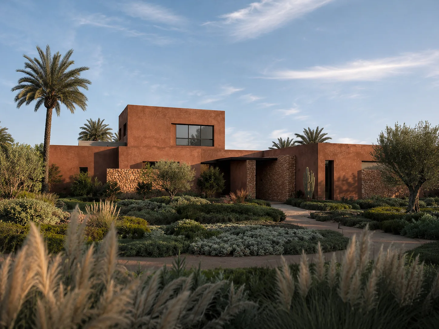 Villa contemporaine en terre, volumes terracotta et jardin de palmiers dans la Palmeraie à Marrakech