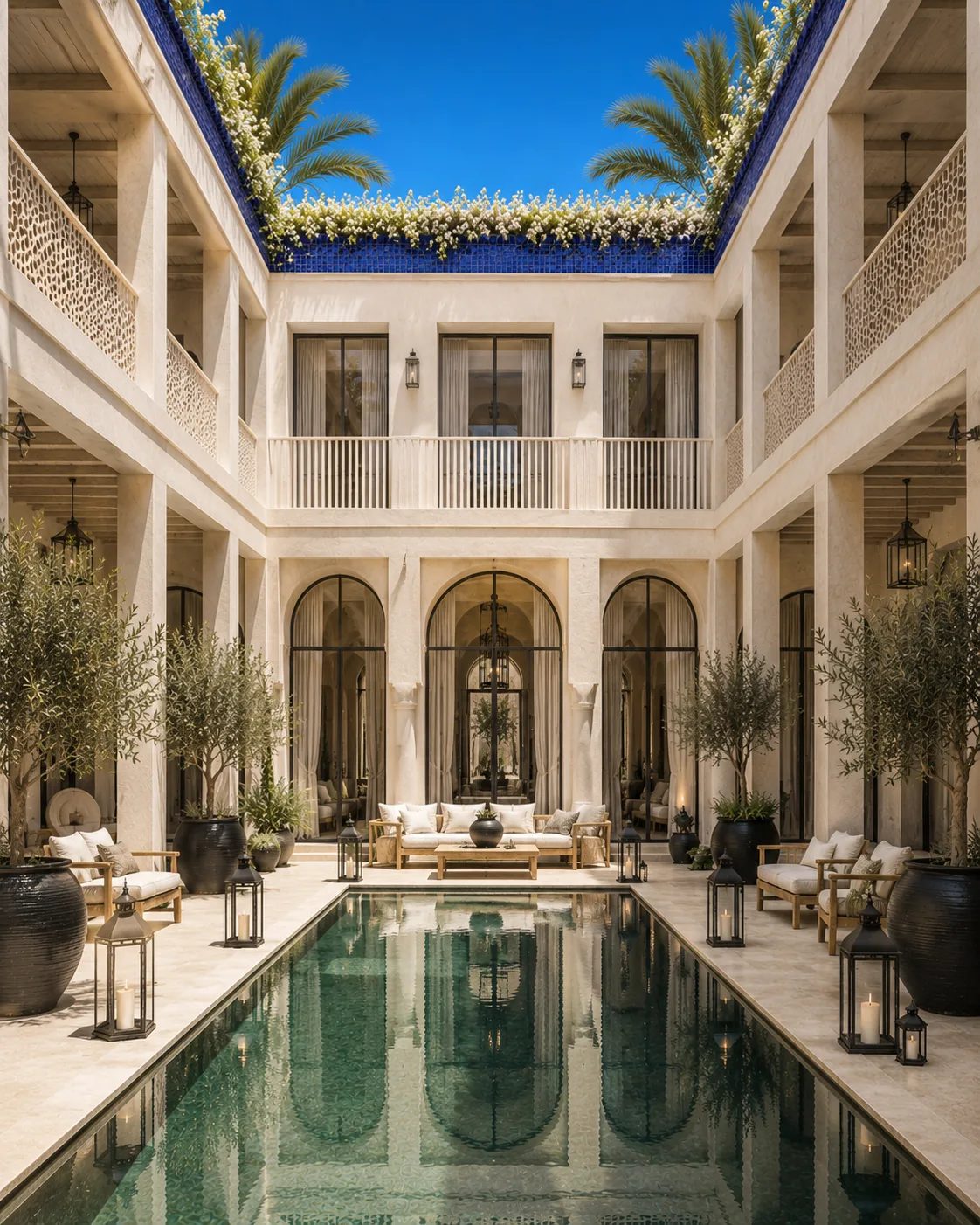 Riad renovation in Marrakech — arcaded patio with reflecting pool and blue zellige frieze in the medina