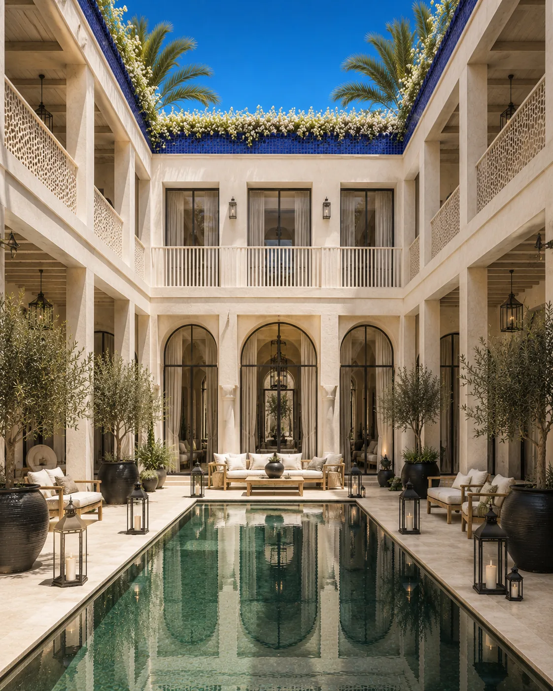 Riad Céleste, patio de riad avec long bassin, galeries à arcades et frise de zellige bleu dans la médina de Marrakech