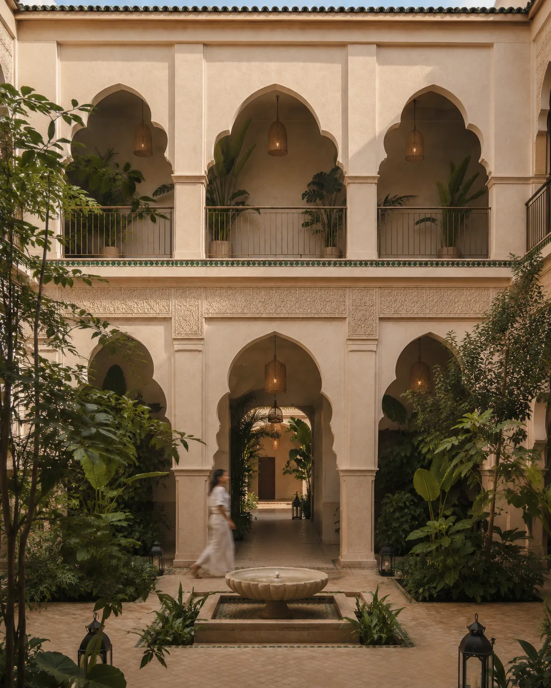 Riad Luma, patio de riad ivoire aux arcs polylobés avec fontaine en marbre et jardin dans la médina de Marrakech
