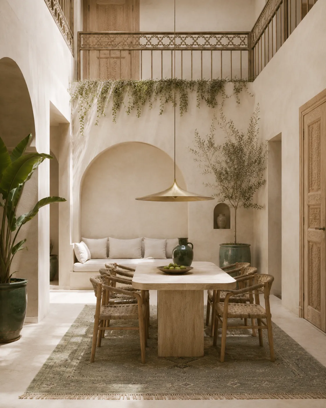 Riad Makan, patio de riad ivoire avec table en travertin, portes en cèdre sculpté et garde-corps en laiton étoilé dans la médina de Marrakech