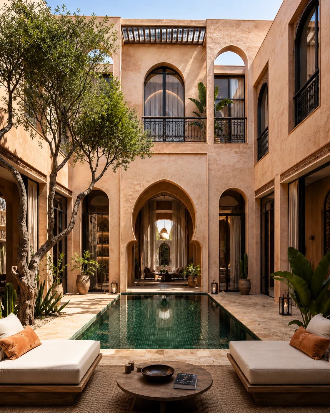 Riad renovation cost in Marrakech — inner courtyard with saffron renders and green zellige pool