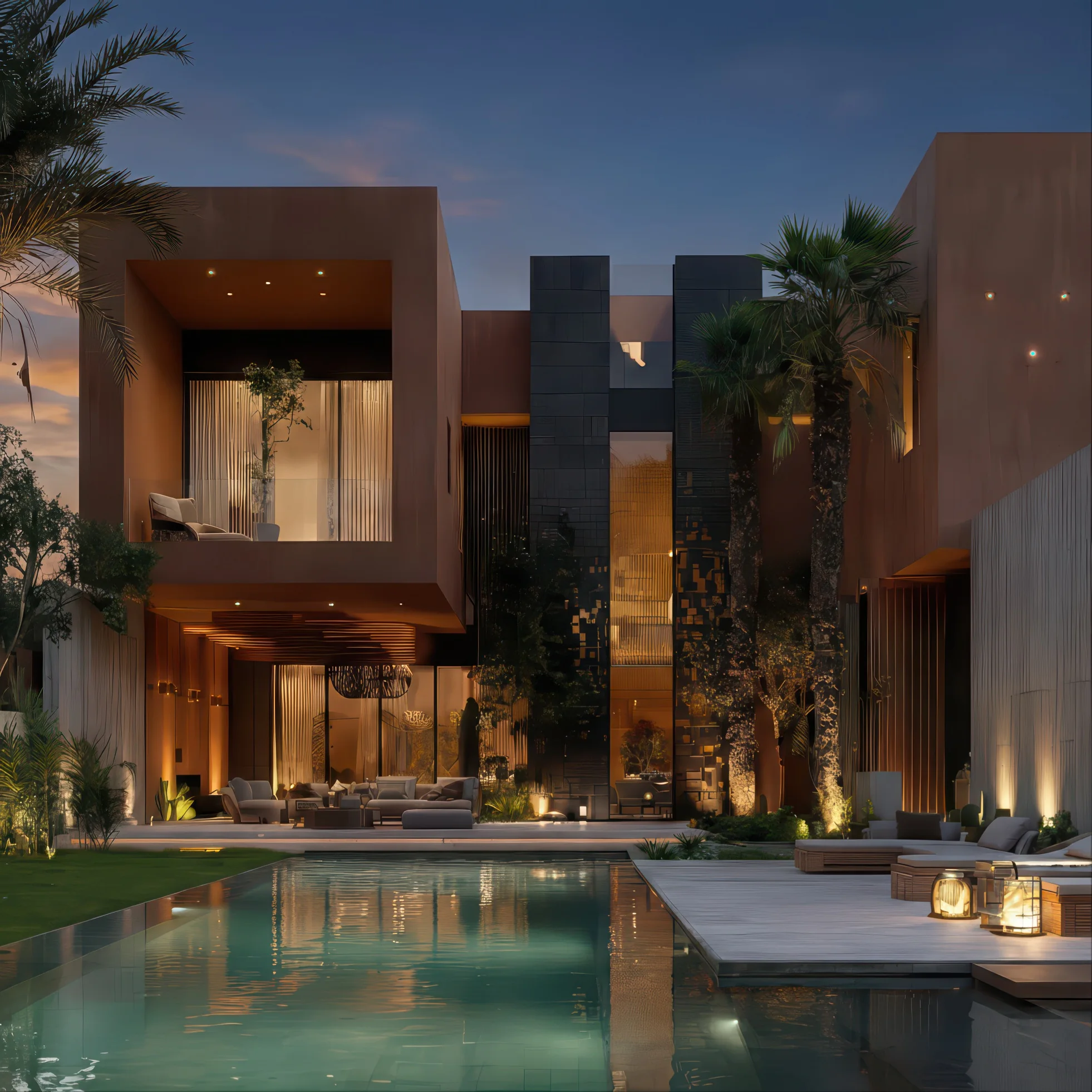 Villa Kenza, villa contemporaine terracotta avec piscine miroir au crépuscule au Golf Noria à Marrakech