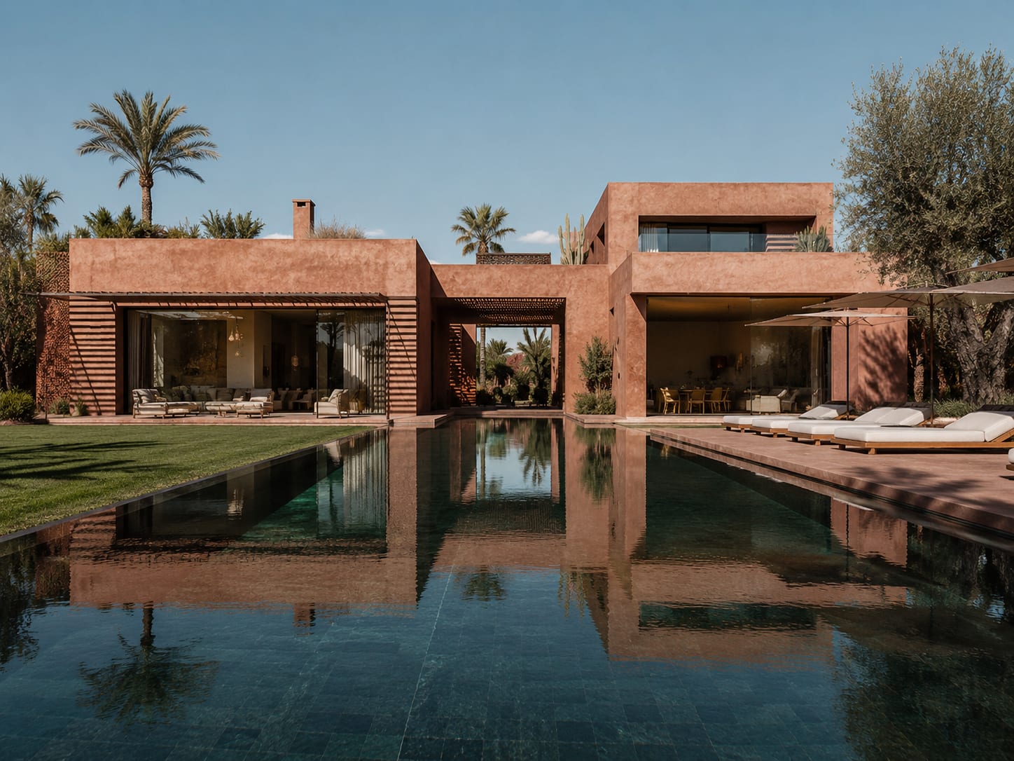 Architecte à Marrakech — villa contemporaine en terre avec grand bassin miroir et jardin de palmiers
