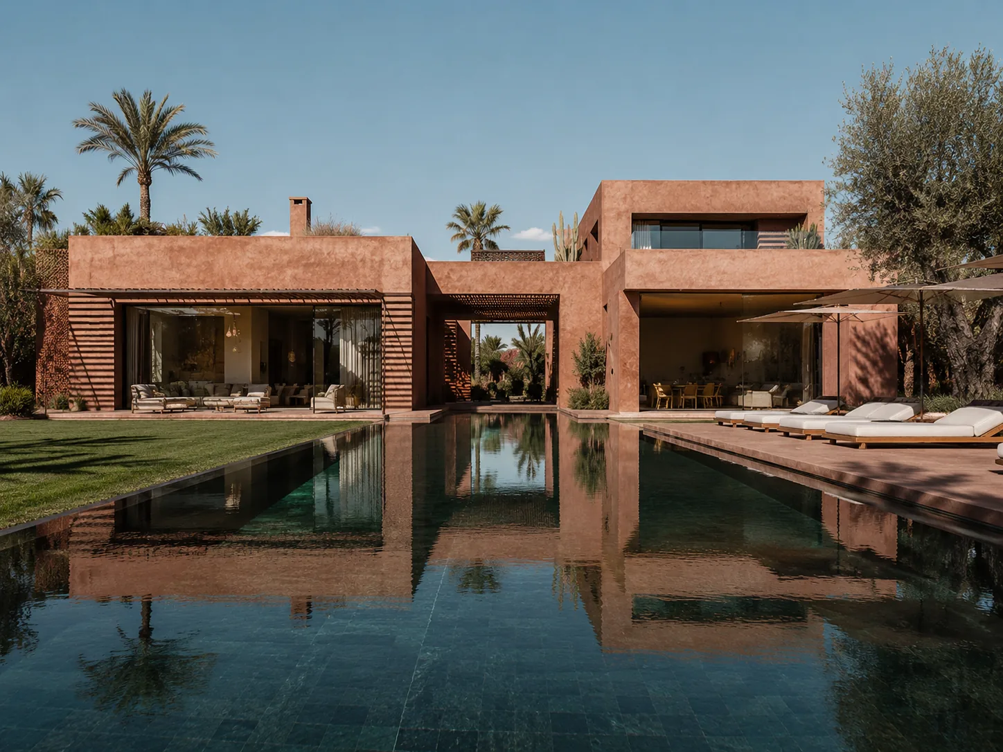 Villa de prestige terracotta avec grand bassin miroir et terrasses dans la Palmeraie à Marrakech