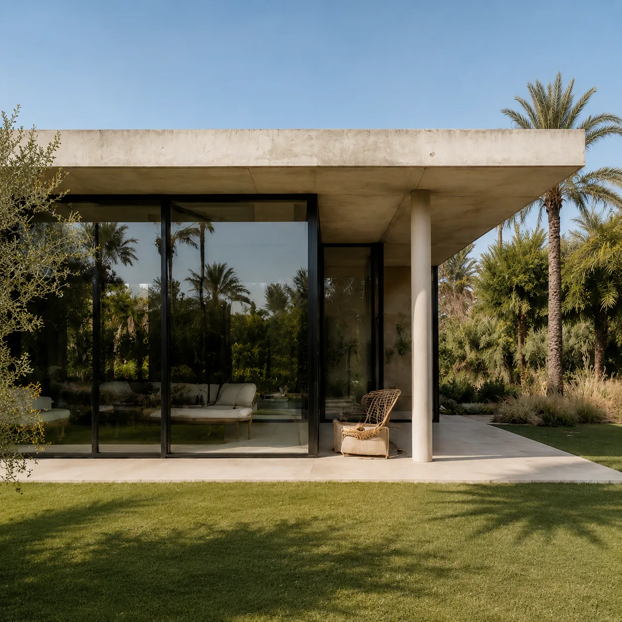 Villa Kaya, pavillon contemporain en béton et verre sur pelouse au cœur de la Palmeraie à Marrakech