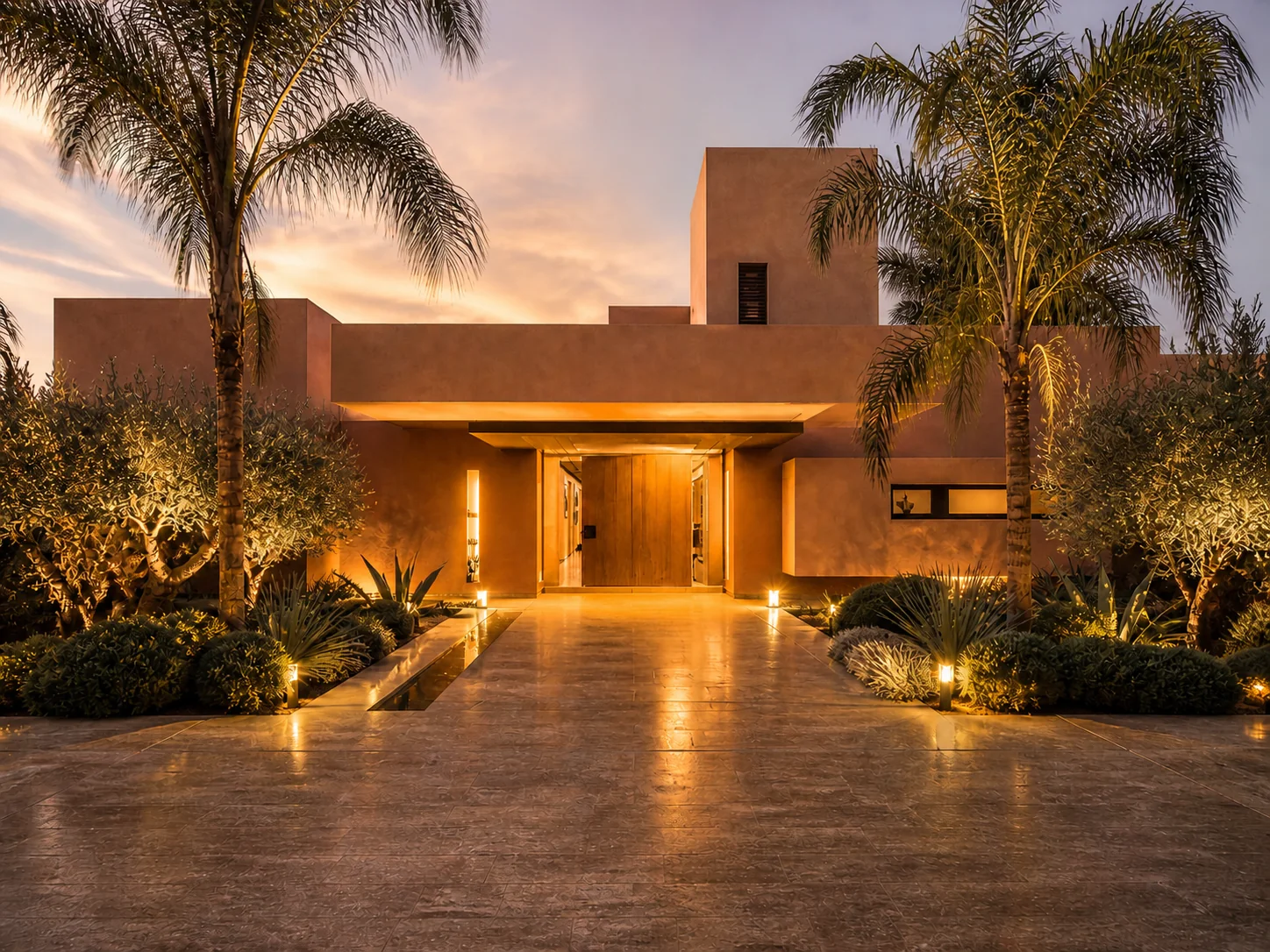 Villa AH, entrée paysagère avec palmiers et éclairage au crépuscule dans la Palmeraie à Marrakech