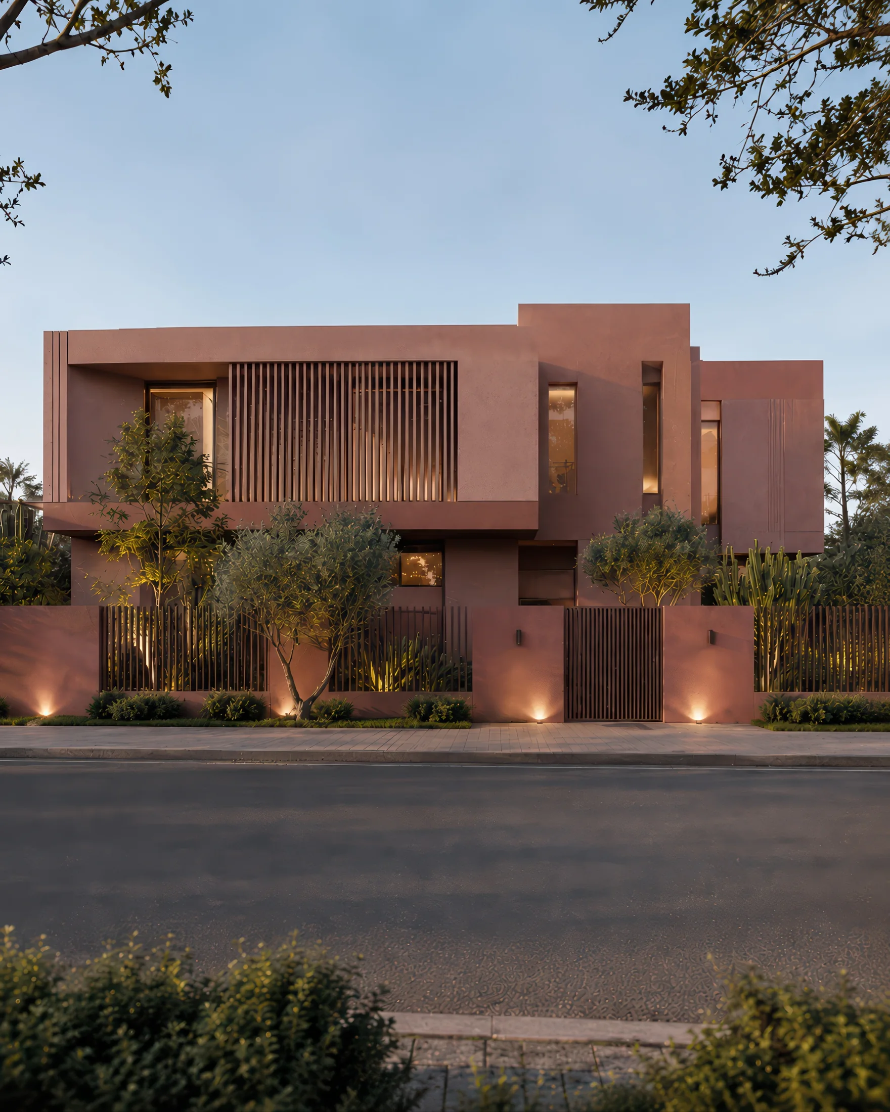 Villa AZ, villa terracotta contemporaine à brise-soleil verticaux au Golf Noria à Marrakech